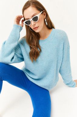 Olalook Dámske Baby Blue Crew Krk Jemný textúrovaný Pletený sveter