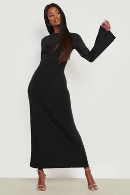 Madmext Black Boat Neck Back Detail Maxi Long Dress