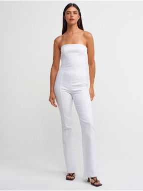 Dilvin 71314 Strapless White Flare Denim Overalls-White