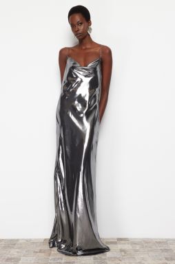 Trendyol Black Fish Woven Lined Metallic Long Evening Dress