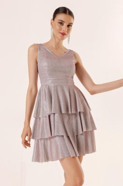 By Saygı Front Back V Neck Silvery Layered Dress