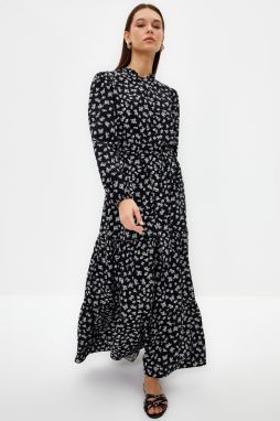 Trendyol Black Belted Skirt Flounce Floral Pattern Lined Woven Dress