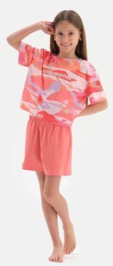 Dagi Pink Size Printed Slogan Detail Short Sleeve T-Shirt, Shorts Pajamas Set.