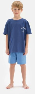 Dagi Blue Slogan Detailed Crew Neck Short Sleeved T-shirt, Shorts Pajamas Set.