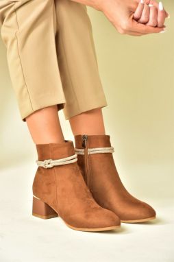Fox Shoes Tan and Suede Women's Boots with Stone Detailed Thick Heels