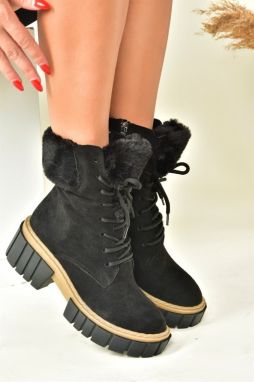 Fox Shoes Women's Black Suede Thick Sole Shearling Boots