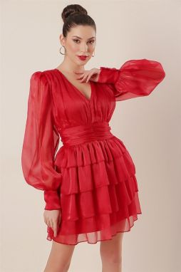 Autor: Saygı organzové šaty s výstrihom do V s volánikmi červené