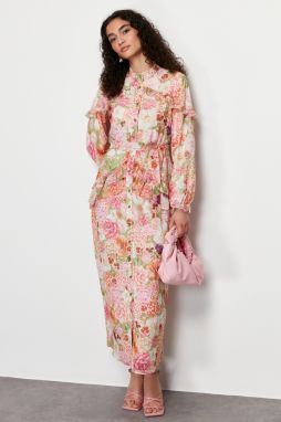 Trendyol Pink Floral Ruffle Detailed Lined Woven Chiffon Dress