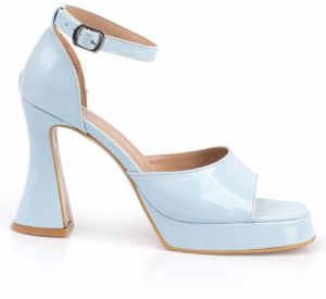 Capone Outfitters Capone Chunky Toe Ankle Band Hourglass Heels Platform Patent Leather Baby Blue Women's Sandals.