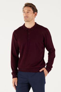 ALTINYILDIZ CLASSICS Men's Claret Red Anti-Pilling Anti-Pilling Fabric Standard Fit Normal Cut Polo Collar Knitwear Sweater.