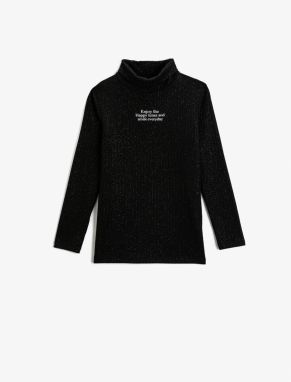 Koton Turtleneck T-Shirt Long Sleeve Slogan Print Detailed Ribbed