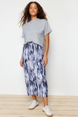 Trendyol Blue Printed Pleat Maxi Knitted Skirt