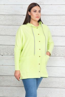 Şans Women's Plus Size Green Cotton Fabric Hooded Sweatshirt with Front Buttons