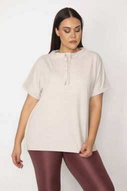 Şans Women's Plus Size Tunic with Stone Collar, Eyelet, Lace Detailed, Glitter Stripe on the Sides, Double Sleeves