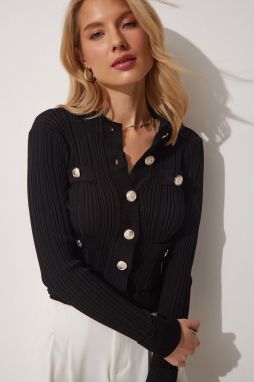 Happiness İstanbul Women's Black Stylish Buttoned Crop Knitwear Cardigan