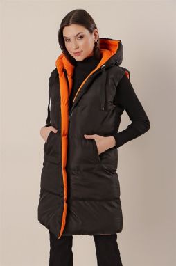 By Saygı Hooded Double Sided Zipper Puffer Vest Orange With Pocket