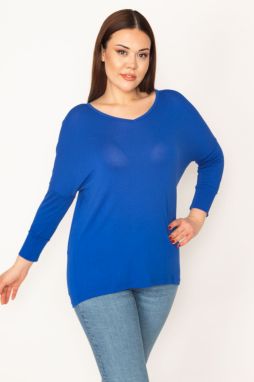 Şans Women's Plus Size Saxon V-Neck Long Sleeve Basic Blouse