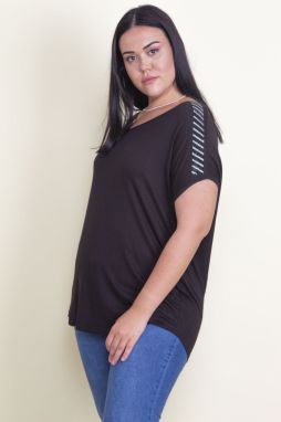 Şans Women's Plus Size Black V-Neck Blouse with Stones on the Shoulders