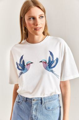 Bianco Lucci Women's Bird Patterned Combed Combed Cotton Tshirt