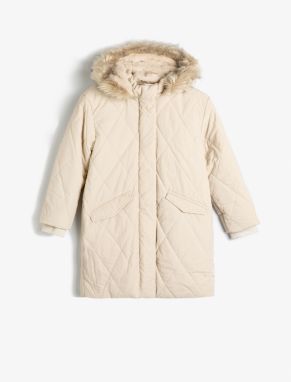 Koton Oversize Long Coat Quilted Faux Fur Detail Hooded Inner Plush Lined Covered Pocket Zipper