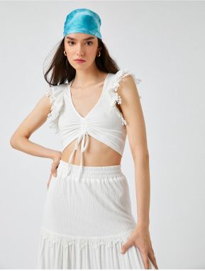 Koton Crop T-Shirt V Neck Sleeveless Tie Detailed