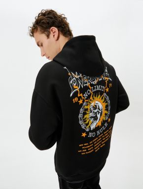 Koton Oversize Hoodie with Skull Themed Slogan Printed on the Back