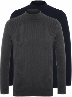 Trendyol Navy Blue-Anthracite Slim Fit Half Elastic Knit 2-Pack Knitwear Sweater