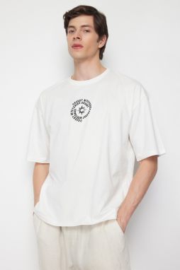 Trendyol Ecru Oversize/Wide Cut 100% Cotton T-shirt with Text Embroidery