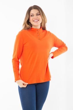 Şans Women's Plus Size Orange Cotton Fabric Front Pat Buttoned Long Sleeve Blouse