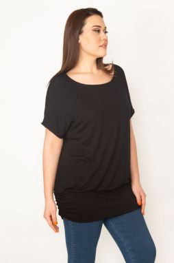 Şans Women's Plus Size Black Crew Neck Low-Sleeve Tunic with Tapeed Hem