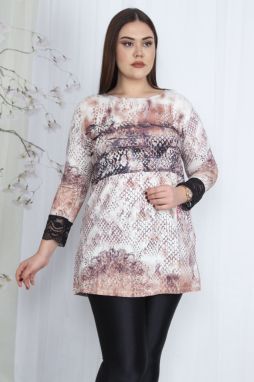 Şans Women's Plus Size Colorful Sleeves Lace Detailed Patterned Tunic