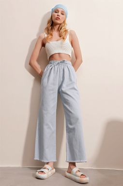 Trend Alaçatı Stili Women's Ice Blue Tasseled High Waist Palazzo Jean Trousers