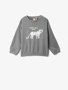 Koton Cat Printed Sweatshirt with Applique Detail, Long Sleeves, Crew Neck.