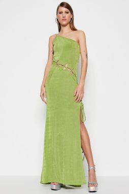 Trendyol olejovo zelené pletené okno/vystrihnuté detailné dlhé večerné šaty