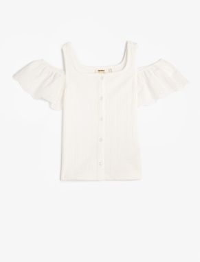 Koton T-Shirts With Frills Window Detail Buttons Round Neck Textured.