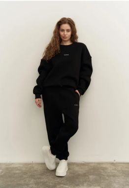 Laluvia Black Embossed Letter Printed Crew Neck Tracksuit Set