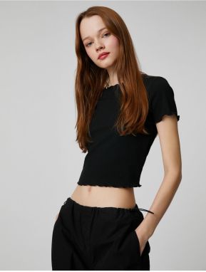 Koton Crop T-Shirt Short Sleeve Crew Neck Ruffle Detail