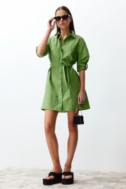 Trendyol Green Belted Mini Crinkle Woven Shirt Dress