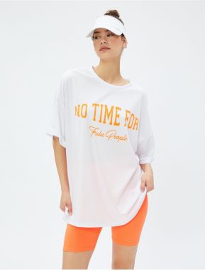 Koton Oversized Sports T-Shirt with Slogan Print Crew Neck.