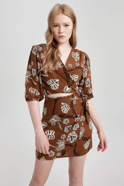 DEFACTO Printed V-Neck Tie Short Sleeve Blouse