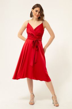 Lafaba Women's Red Double Breasted Neck Midi Satin Evening Dress.