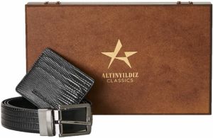 ALTINYILDIZ CLASSICS Men's Black Special Wooden Belt with Gift Box - Card Holder Accessory Set Groom's Pack