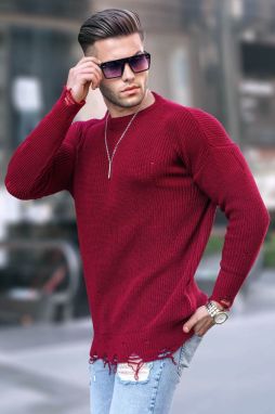 Madmext Burgundy Ripped Detailed Crew Neck Knitwear Sweater 5998