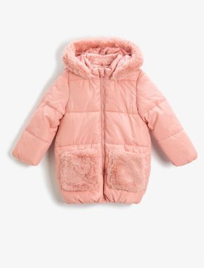 Koton Long puffer jacket with plush detail and pockets.