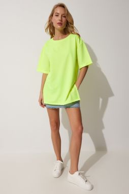 Happiness İstanbul Women's Neon Green Crew Neck Slits in the Side Oversized T-Shirt