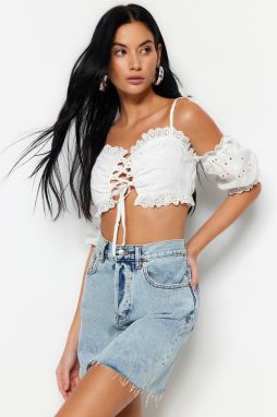 Trendyol White Crop Woven Ruffle 100% Cotton Blouse