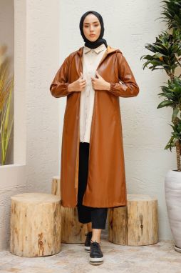 InStyle Hooded Long Leather Cape - Tan