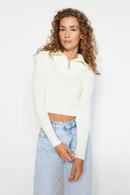 Trendyol Ecru Crop Zips detailný pletený sveter