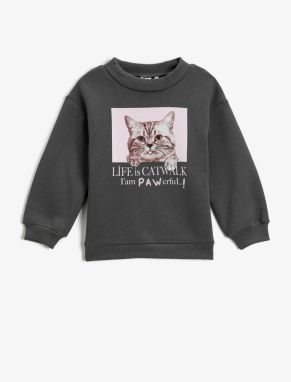 Koton Cat Printed Sweatshirt Long Sleeved Crewneck Collar with Stockings