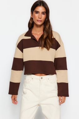 Trendyol Brown Color Block Polo Neck Relaxed Cut Crop Thick Knitted Sweatshirt